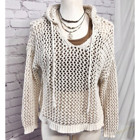 Nicole Miller Beige Open Knit Crochet Prairie Boho Hoodie Sz S - Picture 1 of 11